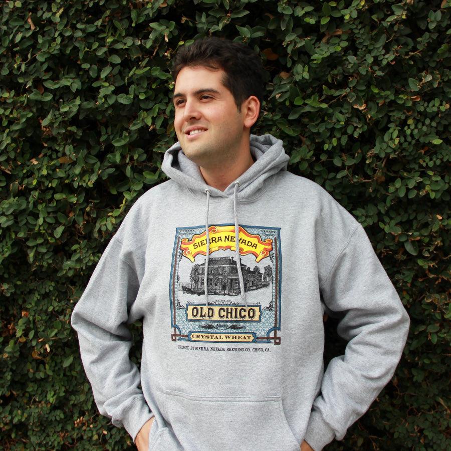 Sierra Nevada Old Chico hoodie sweatshirt worn by a man outdoors