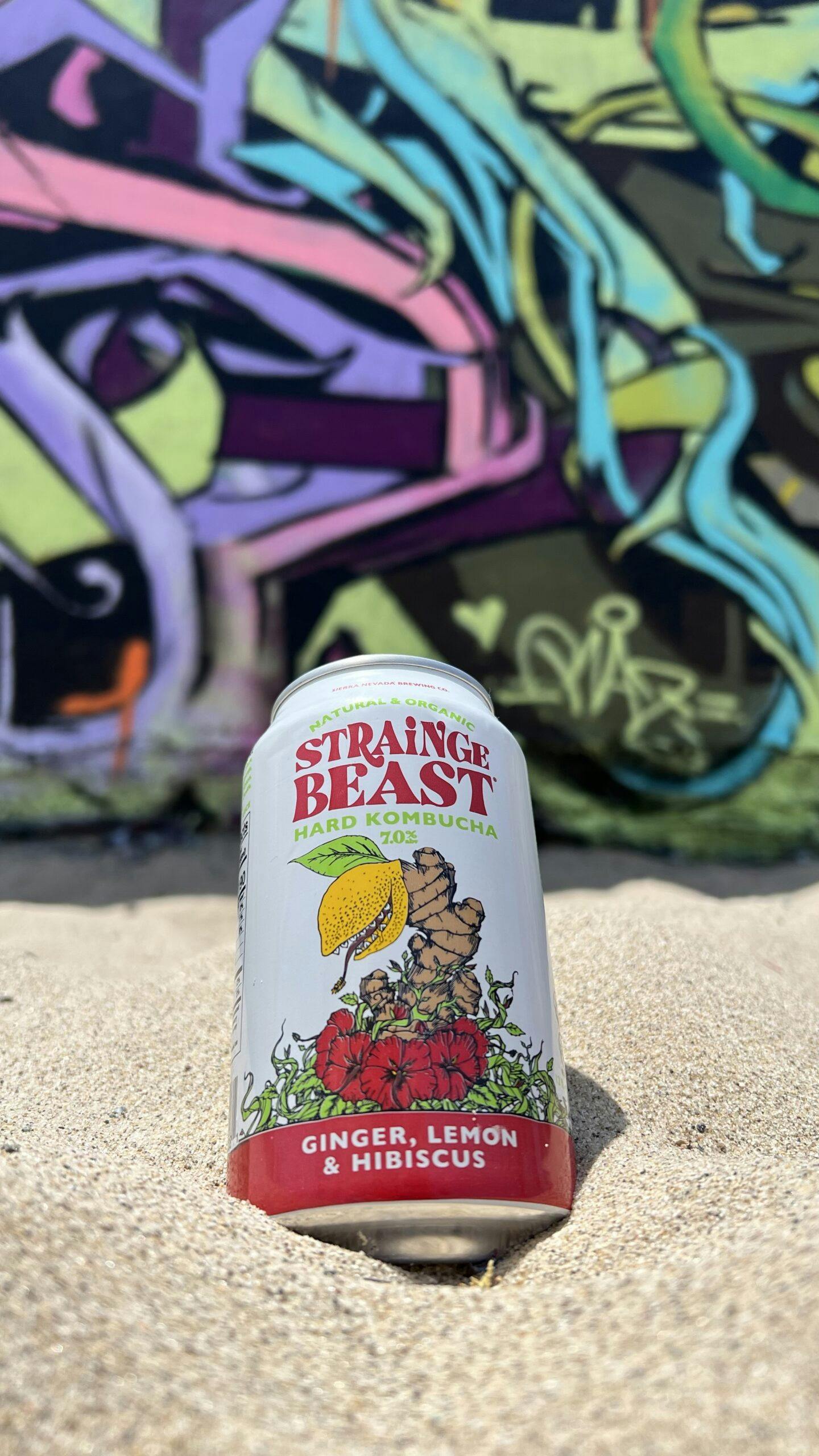 Strainge Beast hard kombucha in front of mural