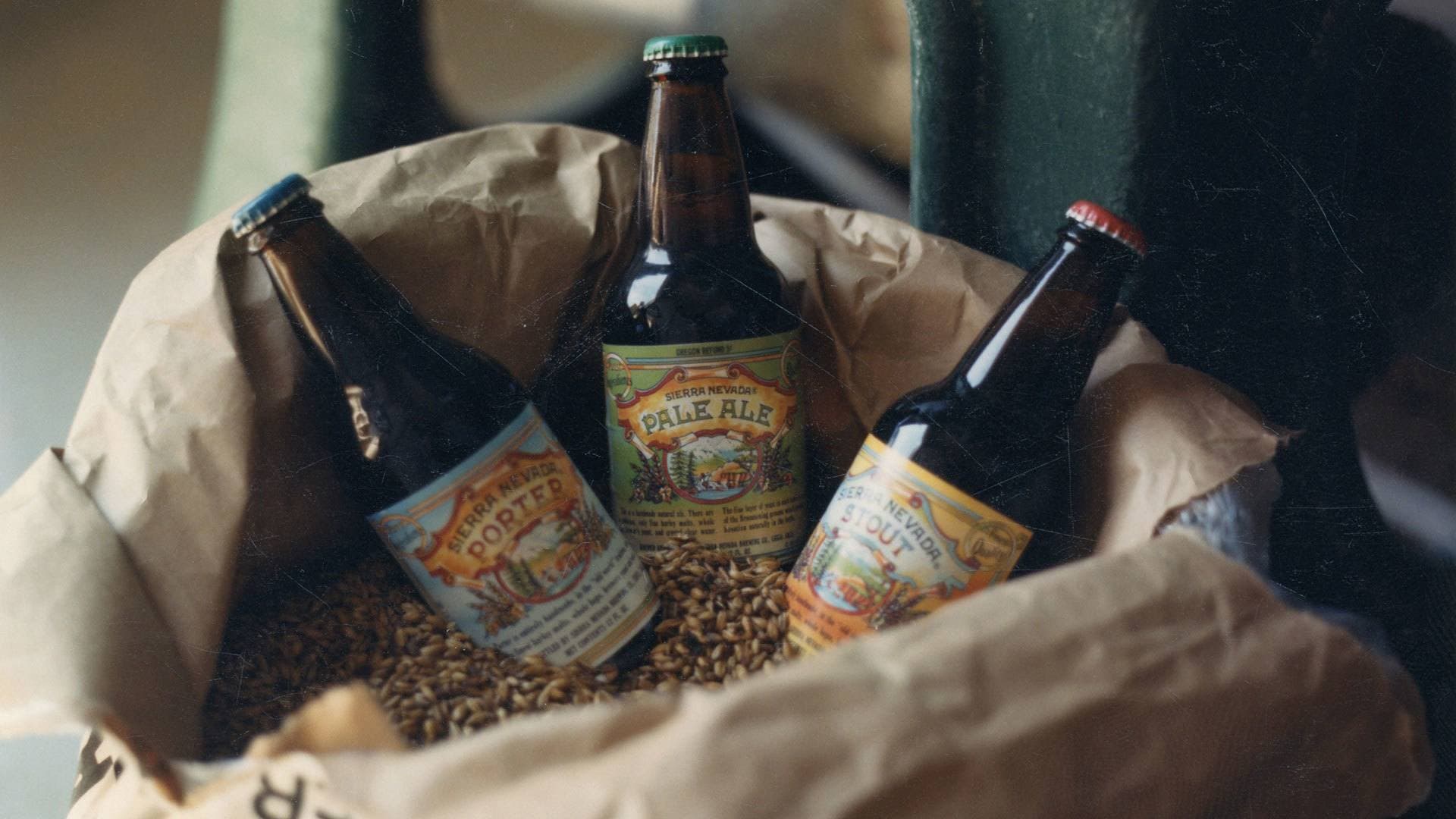 Bottles of the three original Sierra Nevada beers: Porter, Pale Ale, and Stout